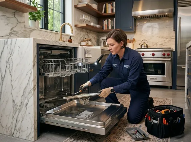 Appliance Repair Hero technician servicing a built-in dishwasher in a Brenham, TX kitchen