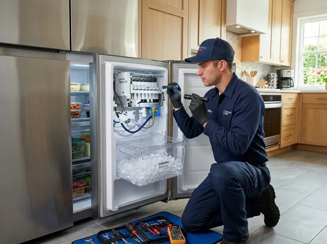 Appliance Repair Hero technician repairing a refrigerator ice maker in Brenham, TX