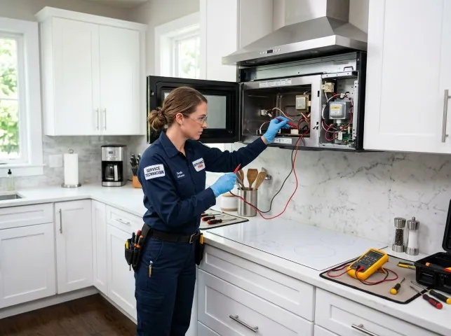 Appliance Repair Hero technician testing an over-the-range microwave in a Brenham, TX kitchen