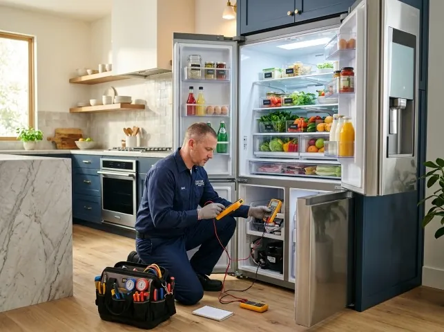 Appliance Repair Hero refrigerator technician testing a fridge on a Brenham, TX service call